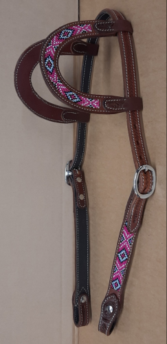 Ogłowie western two ear GVR kasztan beadwork różowy wzór geometryczny Navajo — różowy niebieski biały czarny romby wzdłuż usznych i policzków, srebrne klamry owalne, białe przeszycia, COB — HorsePassion.pl