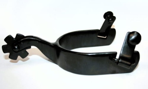 Ostrogi western treningowe Equi czarne — rowel koniczynka, czarny lakier, klamra szeroka