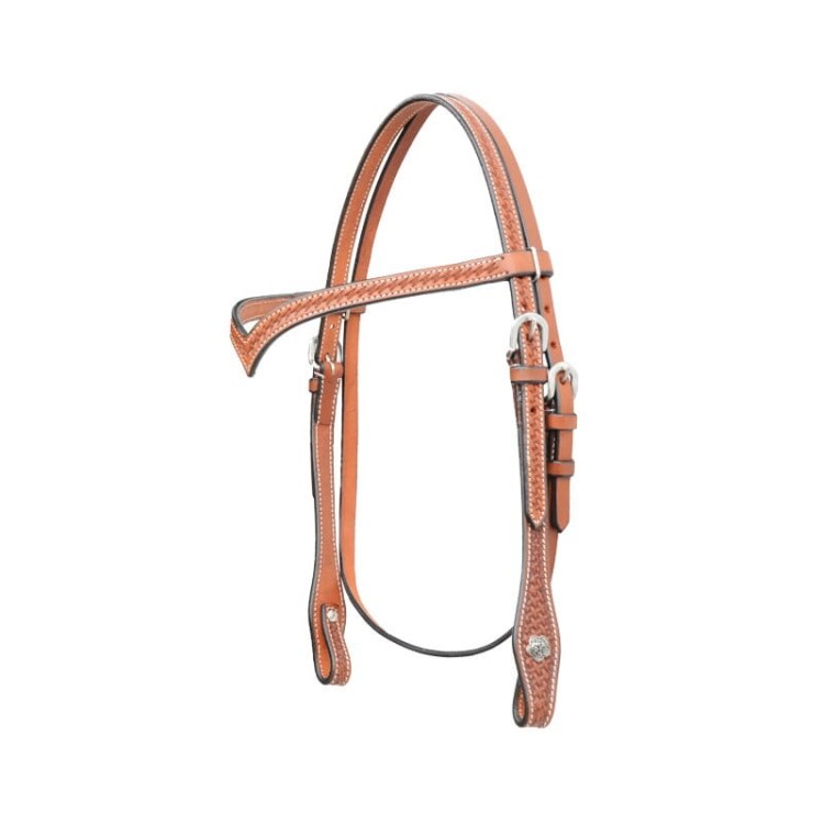 Ogłowie western z naczółkiem V Western Imports kasztan — tłoczenie koszyczkowe, regulacja 90–110 cm — HorsePassion.pl