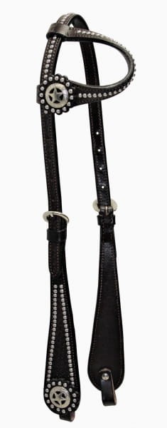 Ogłowie western one ear czarny rhinestone bordiura — star concha srebrna, kryształki wyraźne na czarnej skórze, srebrne klamry — HorsePassion.pl