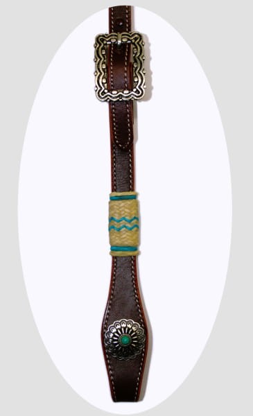 Pełny policzek ogłowia western turkus — klamra arabeska srebrna, wstawka rawhide z turkusową nitką, concha słonecznikowa z turkusem — HorsePassion.pl