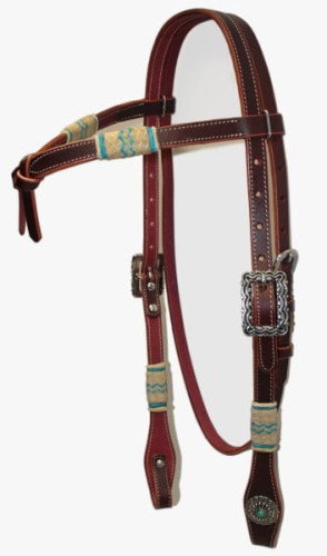 Ogłowie western futurity knotted rawhide turkus — ciemna espresso skóra, naczółek z turkusową nitką zygzak, srebrna klamra arabeska, białe przeszycia — Equi — HorsePassion.pl