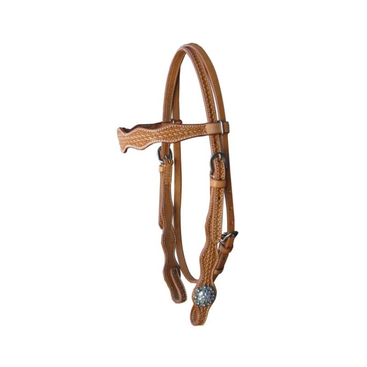 Ogłowie western basket tooling kolor kasztan medium brown — scalloped policzki, concha rhinestone kryształki, rozmiar średni QH Arab — HorsePassion.pl