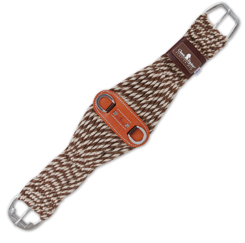 Popręg western moher alpaka Classic Equine CRCMA roper brązowo-beżowy — kształt roper, skórzany panel z D-ringami, klamra rolkowa stalowa, etykieta Platinum Made in USA — HorsePassion.pl