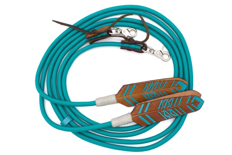 Wodze nylonowe okrągłe turkusowe skórzany popper karabińczyk — HorsePassion.pl