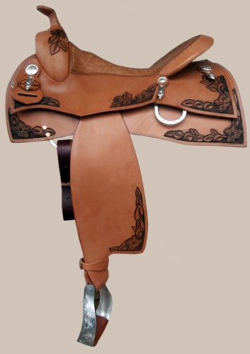 Siodło AK Joachim Kasper Show Square Flower Antik #200-010 — flower corner tooling antyk, jasna skóra natur, grawerowane strzemiona