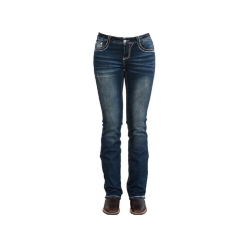 Rose Royce Angela — widok z przodu, bootcut nogawka, mid rise, dark blue denim wash