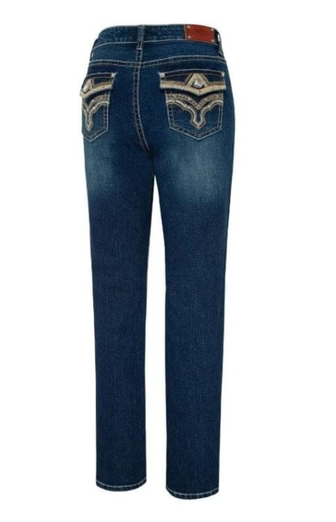 Jeansy damskie Stars & Stripes Diamond bootcut stonewash — tył, haftowane kieszenie złoto-białe z dżetami, kontrastowe przeszycia