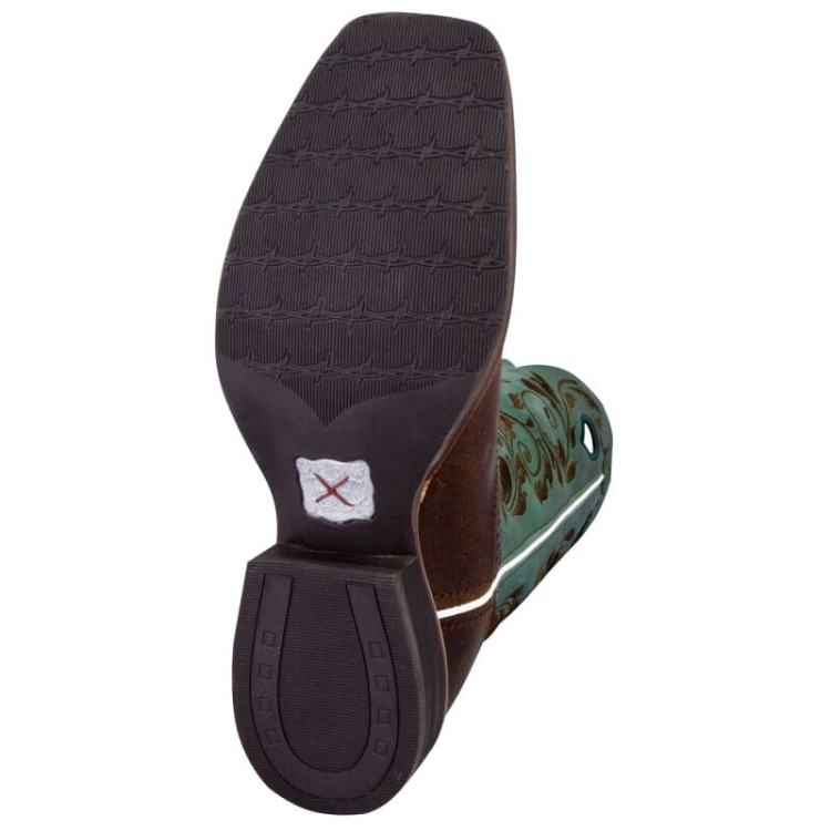 Twisted X Ruff Stock — podeszwa gumowa z wzorem, obcas blok z półką na ostrogę, logo Twisted X