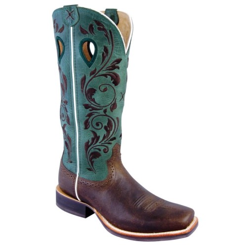 Buty kowbojskie damskie Twisted X Ruff Stock turkusowe — cholewka 13" z haftem winorośli, biały piping, vamp brązowa skóra bydlęca