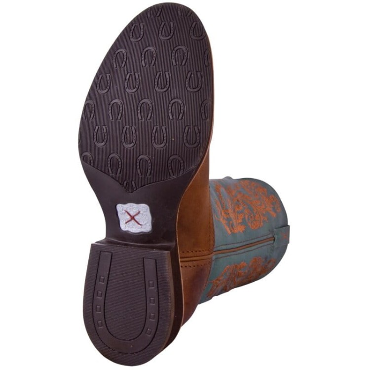 Twisted X Horseman Sky Blue — podeszwa Genuine Super Slab guma z wzorem podkówek, obcas 3 cm, logo Twisted X