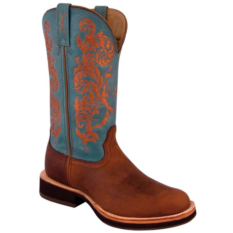 Buty kowbojskie damskie Twisted X Horseman Sky Blue — cholewka turkusowa z brązowym haftem kwiatowym, vamp brązowa skóra bydlęca, okrągły nosek