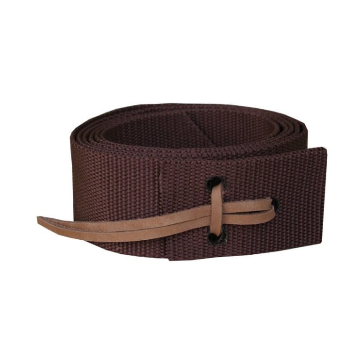 Pasek do popręgu tie strap nylonowy Equi brązowy — gruby splot rypsowy, skórzane rzemyki montażowe tan, lewa strona siodła western — HorsePassion.pl