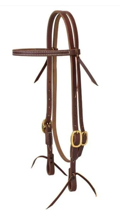 Ogłowie western Weaver WorkTack z naczółkiem — ciemnobrązowa harness leather z białym przeszyciem, mosiężne sprzączki brass, water tie bit ends