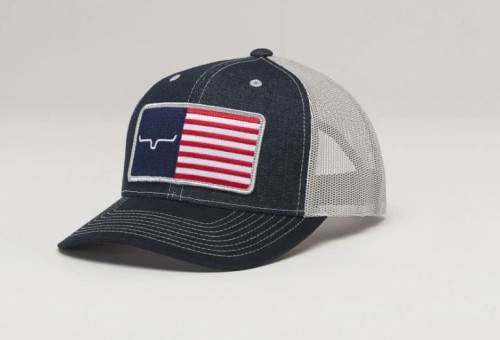 Czapka z daszkiem Kimes Ranch American Trucker granatowy denim — naszywka flaga USA longhorn, biała siateczka — HorsePassion.pl