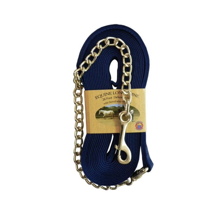 Lonża nylonowa Hamilton USA z łańcuszkiem 26 ft granatowa — taśma 1", łańcuszek 24", obrotowy karabińczyk bolt snap — HorsePassion.pl