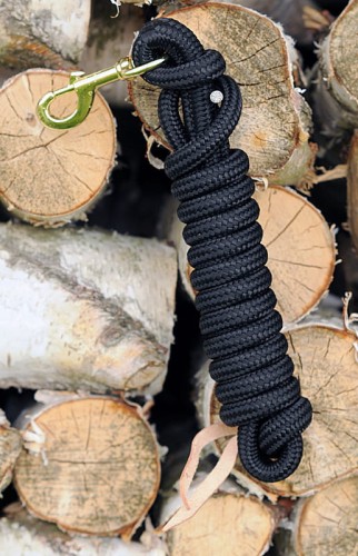 Lina treningowa do pracy z ziemi 4,2 m nylonowa czarna — wyjmowany karabińczyk mosiężny, skórzany rzemień — HorsePassion.pl