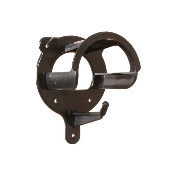 Wieszak na ogłowie ścienny plastikowy czarny — półokrągły uchwyt górny, haczyk dolny, dwa otwory montażowe w podstawie