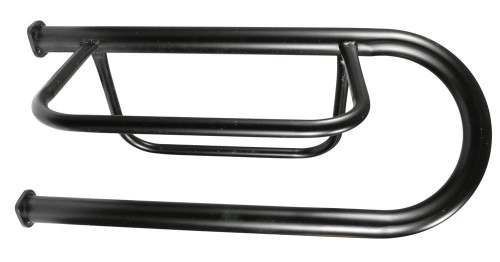 Wieszak na siodło western ścienny — czarna stal rurowa pokryta PVC, górna rura C-kształtna na siodło, dolna pozioma na fendery, 4 punkty montażu