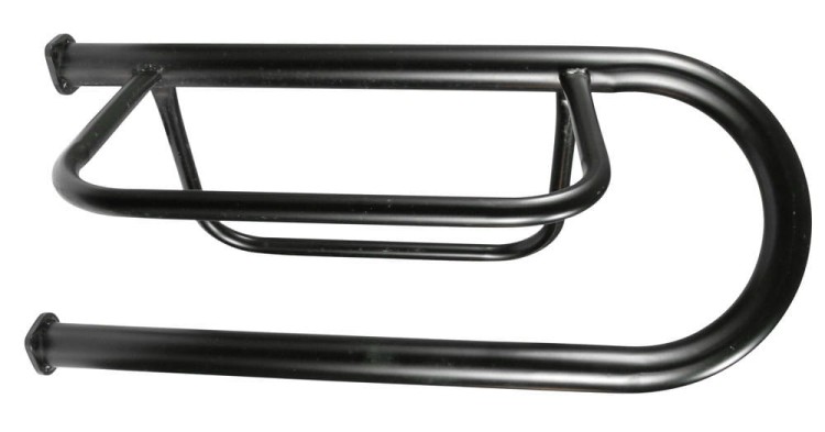 Wieszak na siodło western ścienny — czarna stal rurowa pokryta PVC, górna rura C-kształtna na siodło, dolna pozioma na fendery, 4 punkty montażu