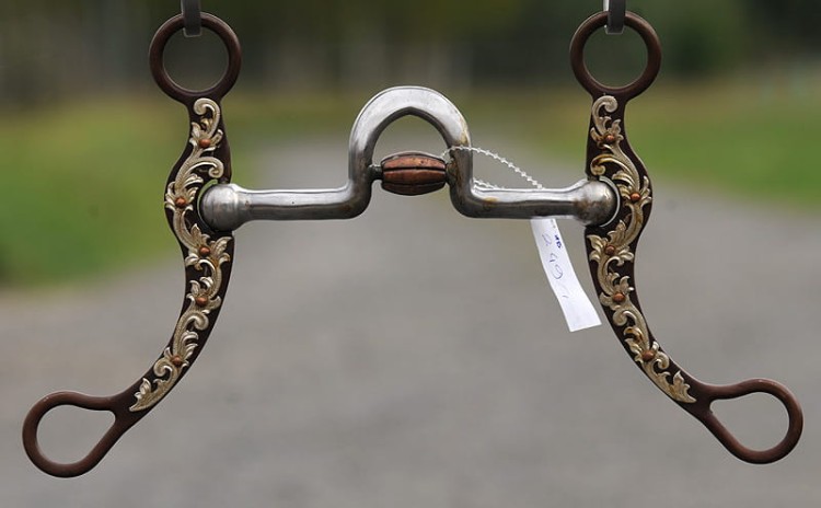 Czanka Spoon Bit Flower 5" — swept-back flat plate sweet iron, złoto-miedziane zdobienia floral scrollwork na obu czankach, wysoki port ~4,5 cm z miedzianą rolką, teardrop dolne